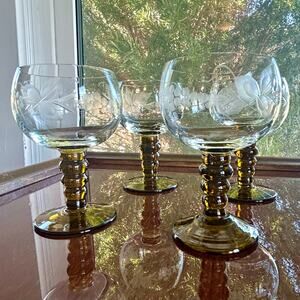 Vintage Roemer Rhine Wine Glasses, Engraved Grapevine, Olive Green Stem set of 4